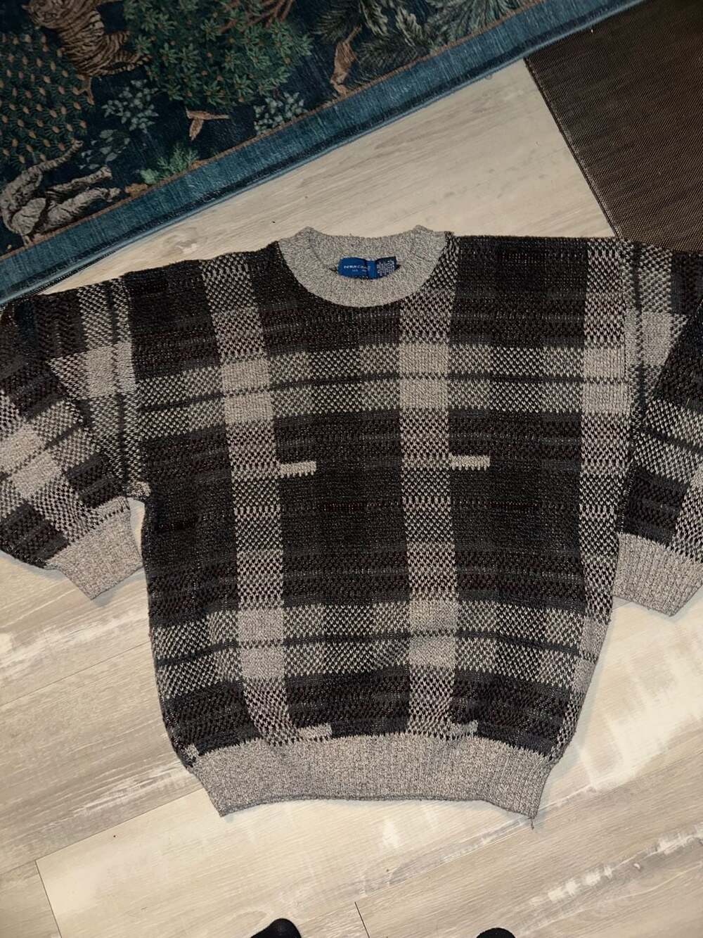 Towncraft Plaid Crew Neck Sweater Size XL Gray Black Grandpa Vintage